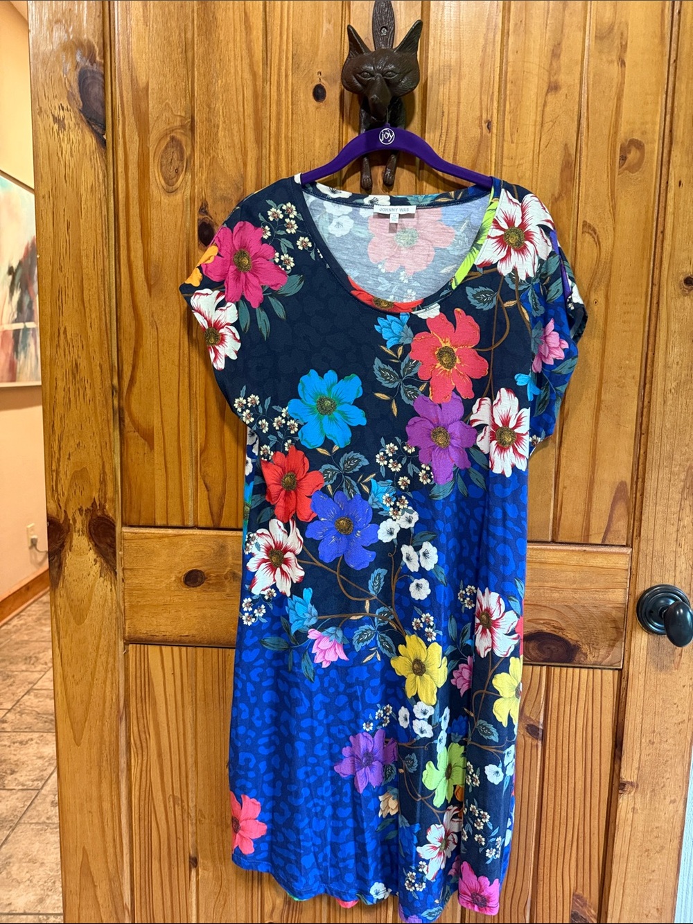 Johnny Was Navy Floral Midi Dress with Bright Multi Blooms